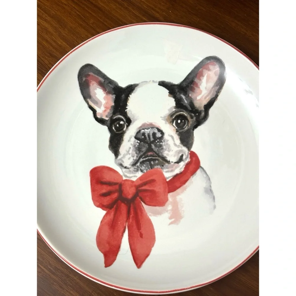 PIER 1 IMPORTS COLLECTIBLE PLATE CHRISTMAS PUPPIES *BOSTON TERRIER* IN RED BOW